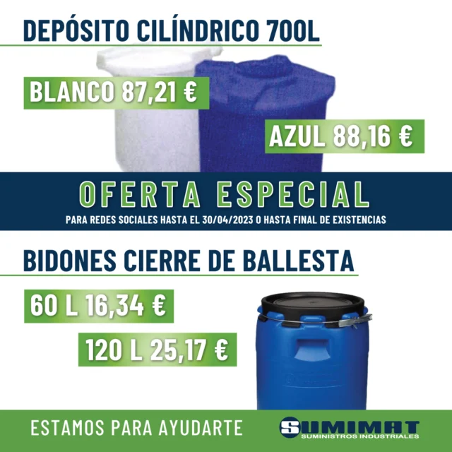 📣 📣 APROVECHA ESTA OPORTUNIDAD
Oferta especial solo para redes sociales hasta el 30/04/23 o hasta fin de existencias.
➡️Consulta las opciones que más se adaptan las necesidades de tu empresa 
y LLAMANOS haciendo alusión a esta publicación
📞 964 10 09 02 📩 sumimat@sumimat.com
¡Estamos para ayudarte!
#sumimat #suministrosindustriales #Bidones #DEPOSITOS #depositoscilindricos
