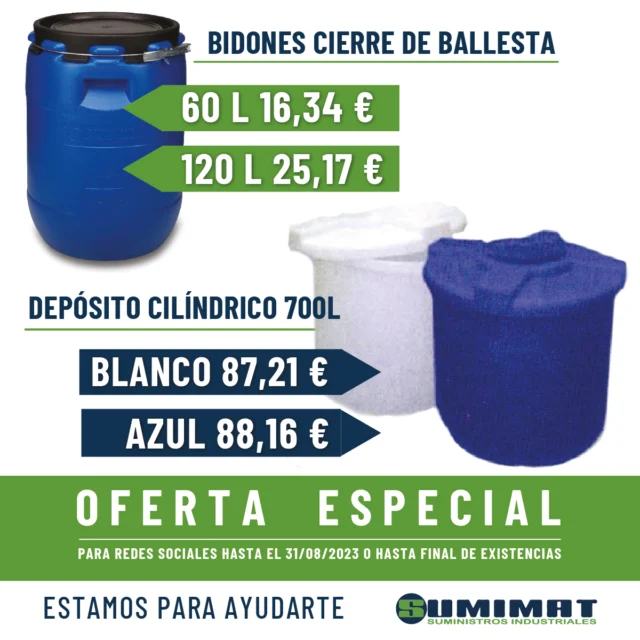📣 📣 ¡NO PIERDAS ESTA OPORTUNIDAD!

Solo para redes sociales, OFERTA ESPECIAL válida hasta el 30/08/23 o hasta agotar existencias. 

➡️ Descubre las opciones que mejor se ajusten a las necesidades de tu empresa y contáctanos haciendo referencia a esta publicación.

📞 Llámanos al 964 10 09 02 
📩 o escríbenos a sumimat@sumimat.com.

 Estamos para ayudarte en lo que necesites.

#sumimat #suministrosindustriales #Bidones #DEPOSITOS #depositoscilindricos